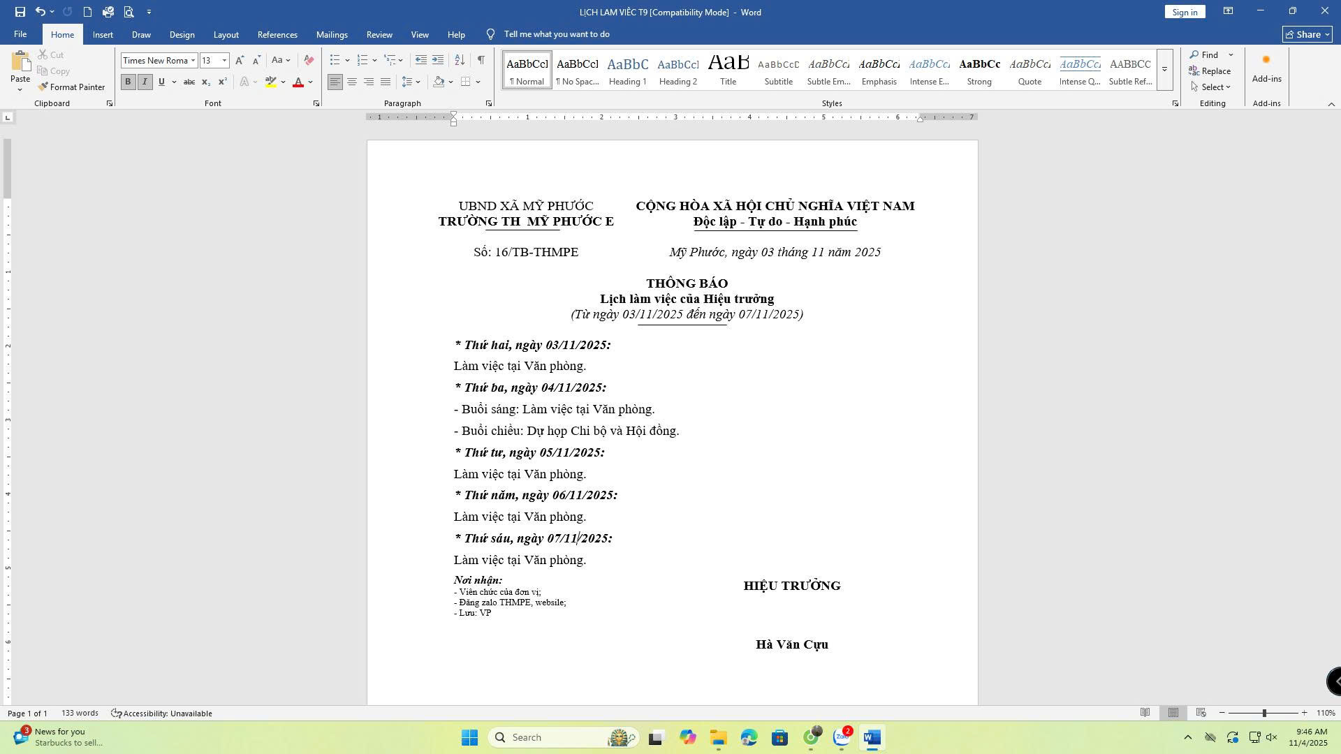 Lịch hiệu trưởng từ 03/11 đến 07/11/2025